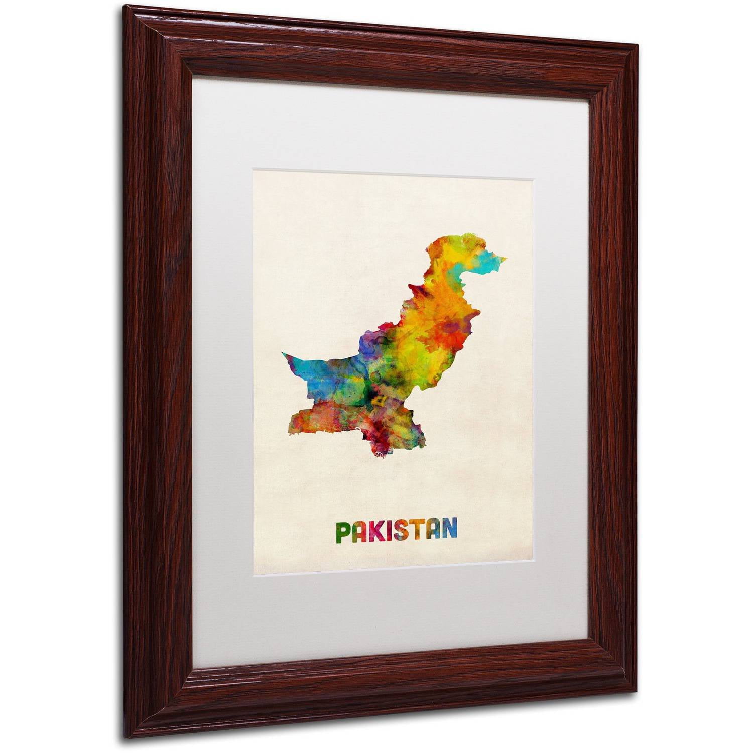Trademark Fine Art 'Pakistan Watercolor Map' Canvas Art by Michael Tompsett, White Matte, Wood Frame
