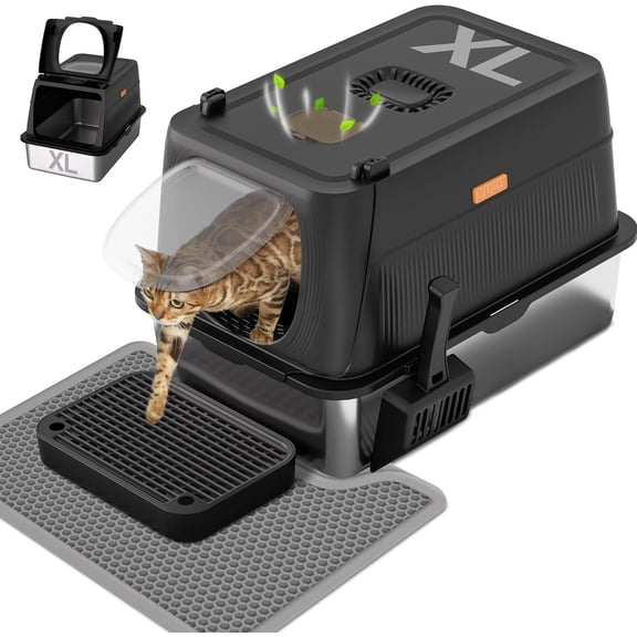 Aphyxen 3-in-1 Enclosed Removable Covered Stainless Steel Cat Litter Box with Lid, X-Large: 24 x 16 x 16-in Black