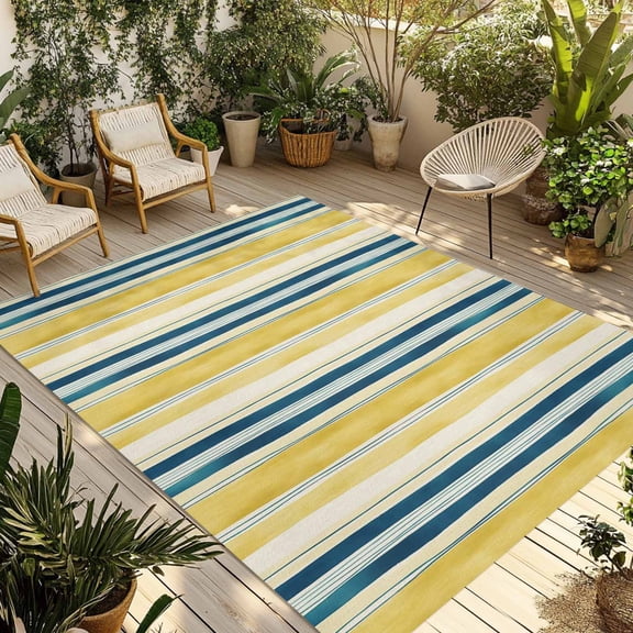 Blue Yellow Striped Outdoor Rug 4x6 Ft - Reversible Patio Rug Outdoor Camping Rugs, Watercolor Modern Stripes Art Washable Indoor Outdoor Area Rugs, Non-Slip Outdoor Carpet Runner for Deck/Porch