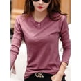 thumbnail image 2 of Camisetas de manga larga para mujer, Camisa de algodón con botones verdes y cuello en V, Color sólido, café coreano, Tops sueltos suaves 2024, 2 of 4