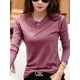 thumbnail image 2 of Camisetas de manga larga para mujer, Camisa de algodón con botones verdes y cuello en V, Color sólido, café coreano, Tops sueltos suaves 2024, 2 of 5