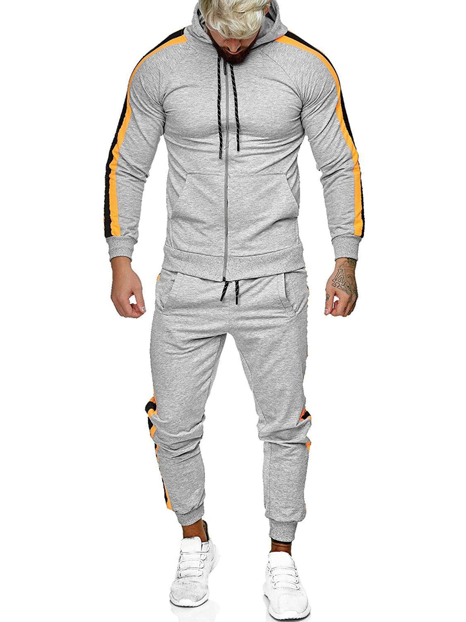 Mens Tracksuit 2 Pieces Sweat Suit Casual Hooded Jacket & Pants Thicken Warm Fleece Full Zip Joggers Sports Set with Pockets