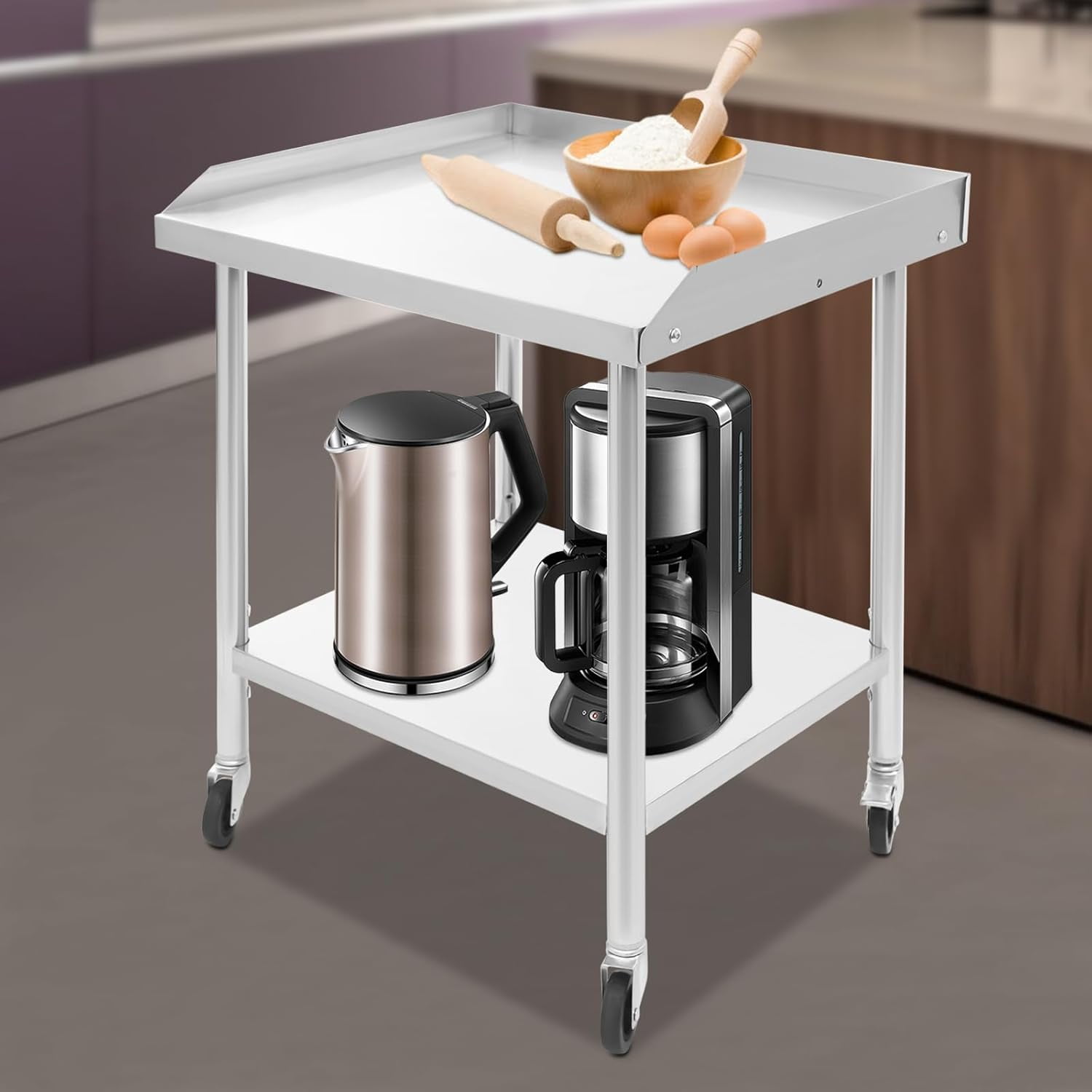 Stainless Steel Work Table, 2-Tier Heavy Duty Work Table, 3-Sided Backsplash Commercial Food Prep Table with Wheels, Metal Work Table for Restaurant Home Hotel (23.6 x 23.6 x 29.92 Inch)