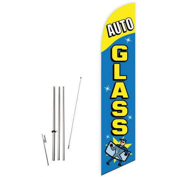 Cobb Promo Auto Glass Yellow/Blue Feather Flag with Complete 15ft Pole kit and Ground Spike