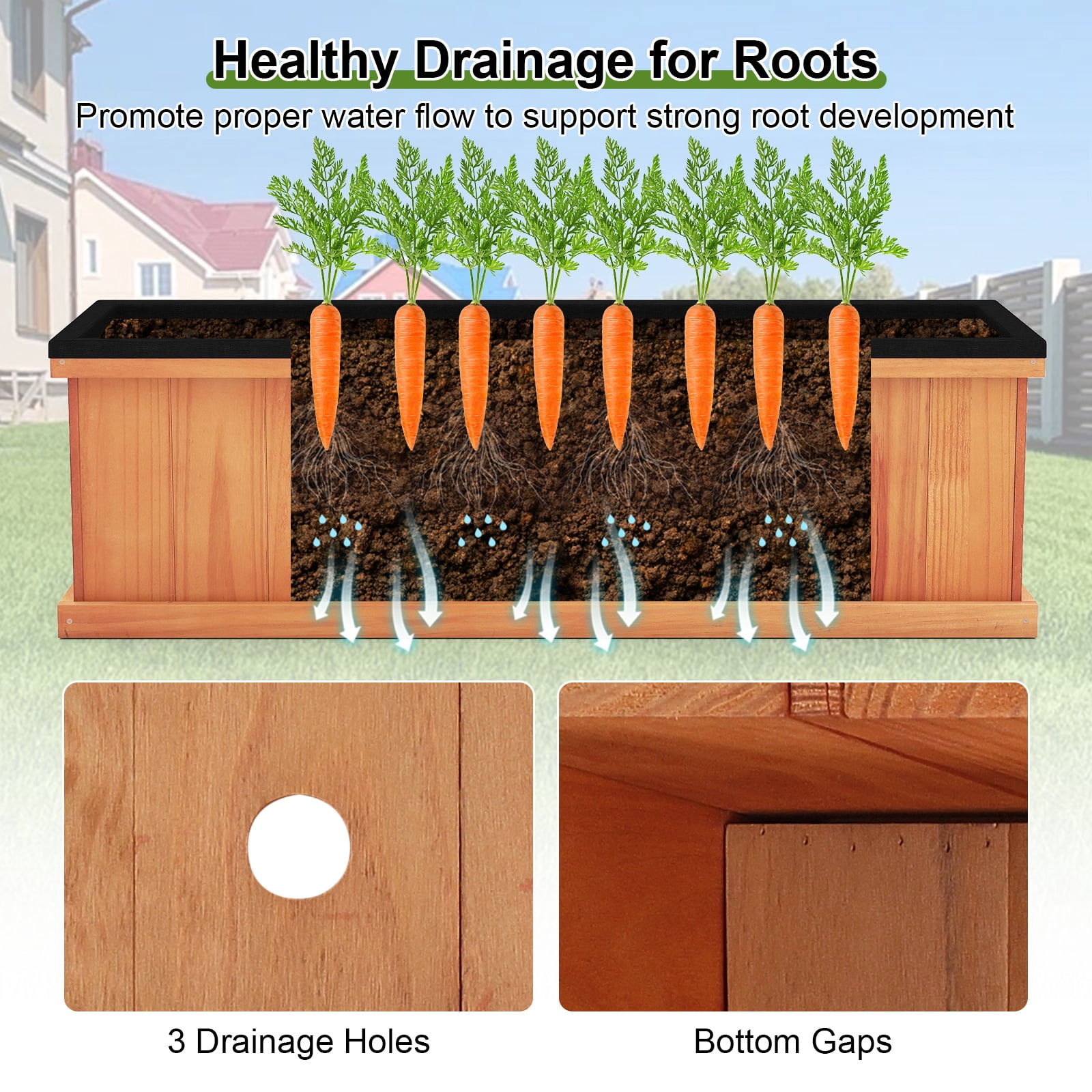 Costway 2 PCS Wood Raised Garden Bed with Drainage Holes, Liner for Flowers Vegetables Herbs