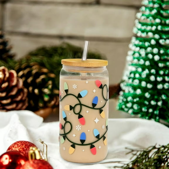 Christmas Glasses Xmas Glass Cups with Lid and Straw Can Shaped Beer Tumbler Christmas Appreciation Gifts for Women Teenager Birthday Party Favor