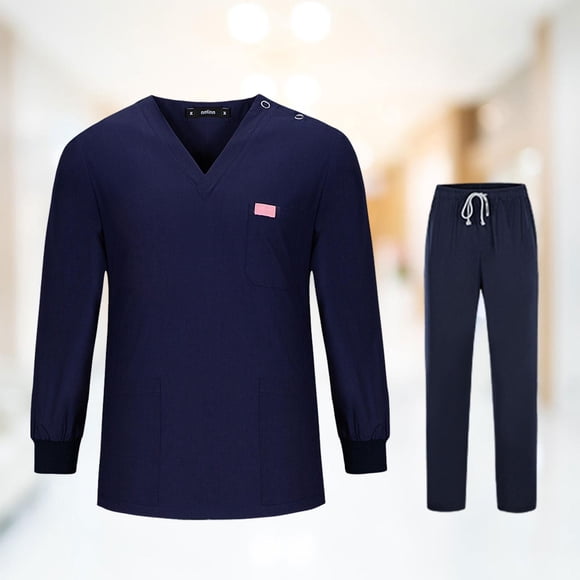 Conjuntos de uniformes médicos, ropa de trabajo con bolsillos, pantalones con cuello en V, uniforme de enfermeras para salón de belleza, , azul oscuro, M Yinane uniforme de mujer