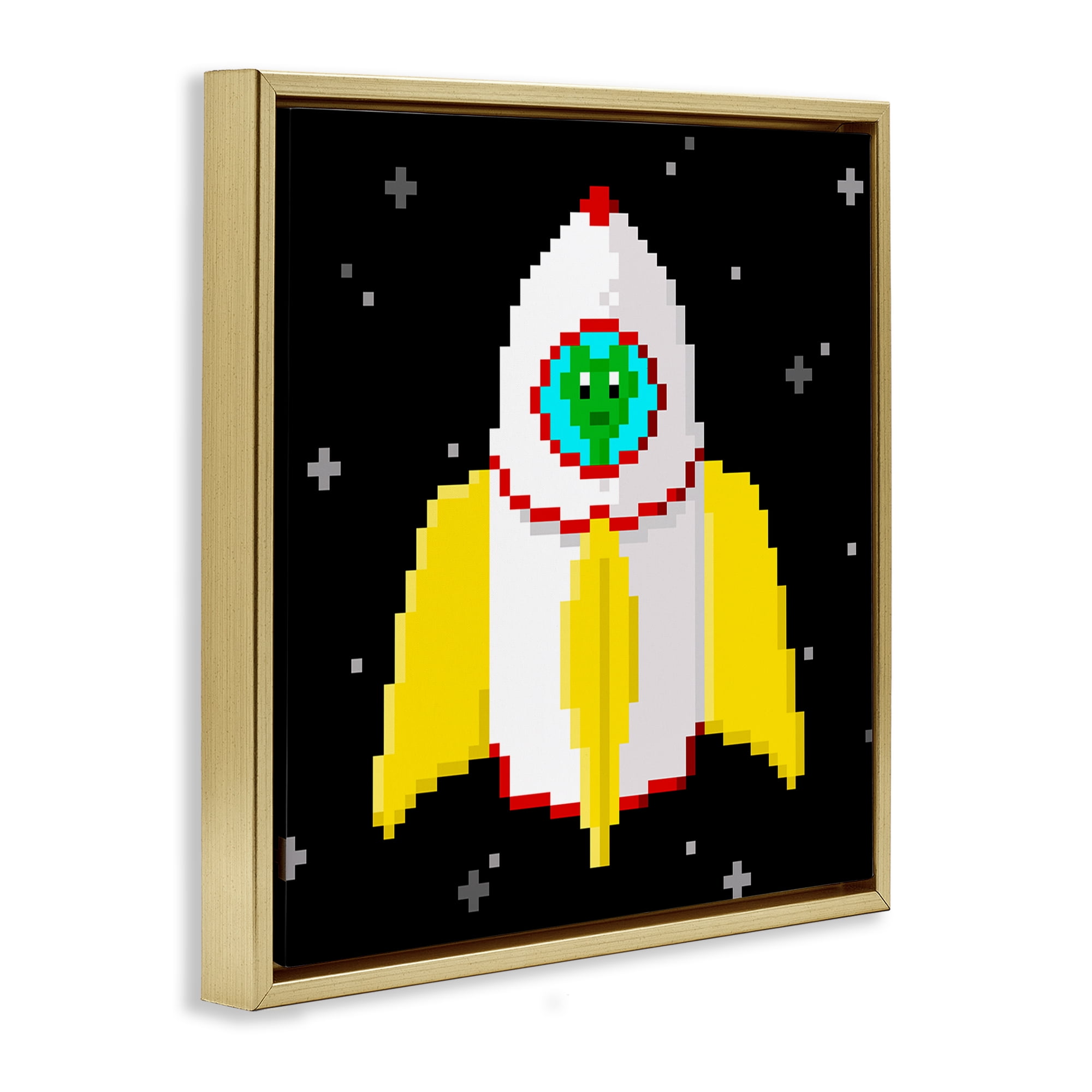 Stupell Industries Pixel Alien in Space Novelty & Humor Painting Gold Floater Framed Canvas Art Print Wall Art, 25 x 25