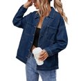 thumbnail image 6 of SHEWIN Womens Jean Jacket Oversized Denim Jackets Boyfriend Button Up Long Sleeve Split Fall Spring Shacket Deep Blue, 6 of 9