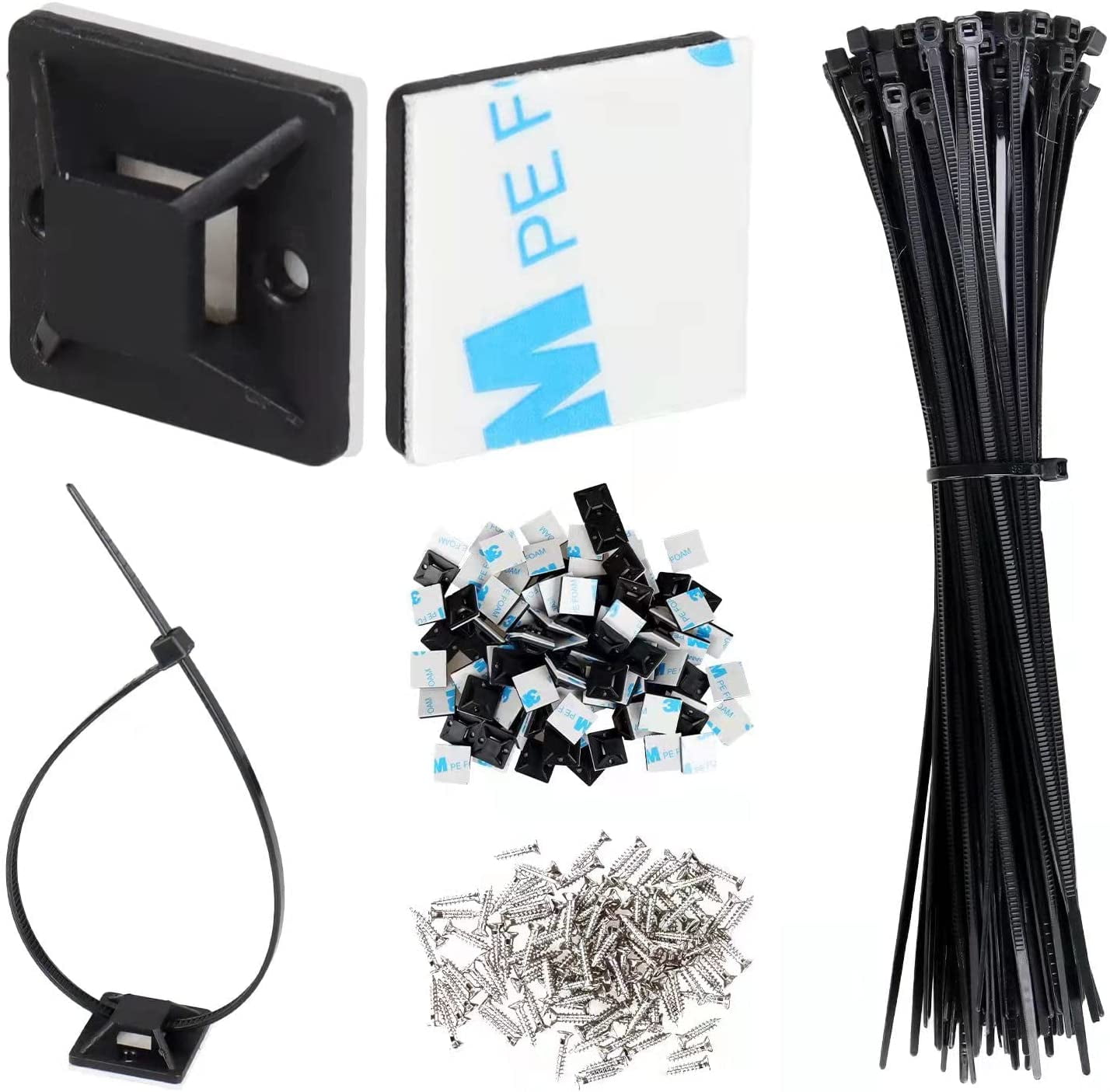 Zip Tie Mounts 100 Pcs with 8" Zip Ties and Screws, Self Adhesivebacked Mounts For Wire Holder
