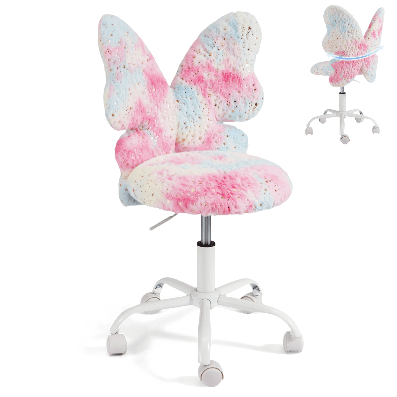Kids Desk Chair with Butterfly Back, Adorable Fluffy Wheeled Desk Chair for Girls, Faux Fur Adjustable Height Swivel Vanity Chair for Kids Bedrooms and Reading Rooms,Colorful Pink