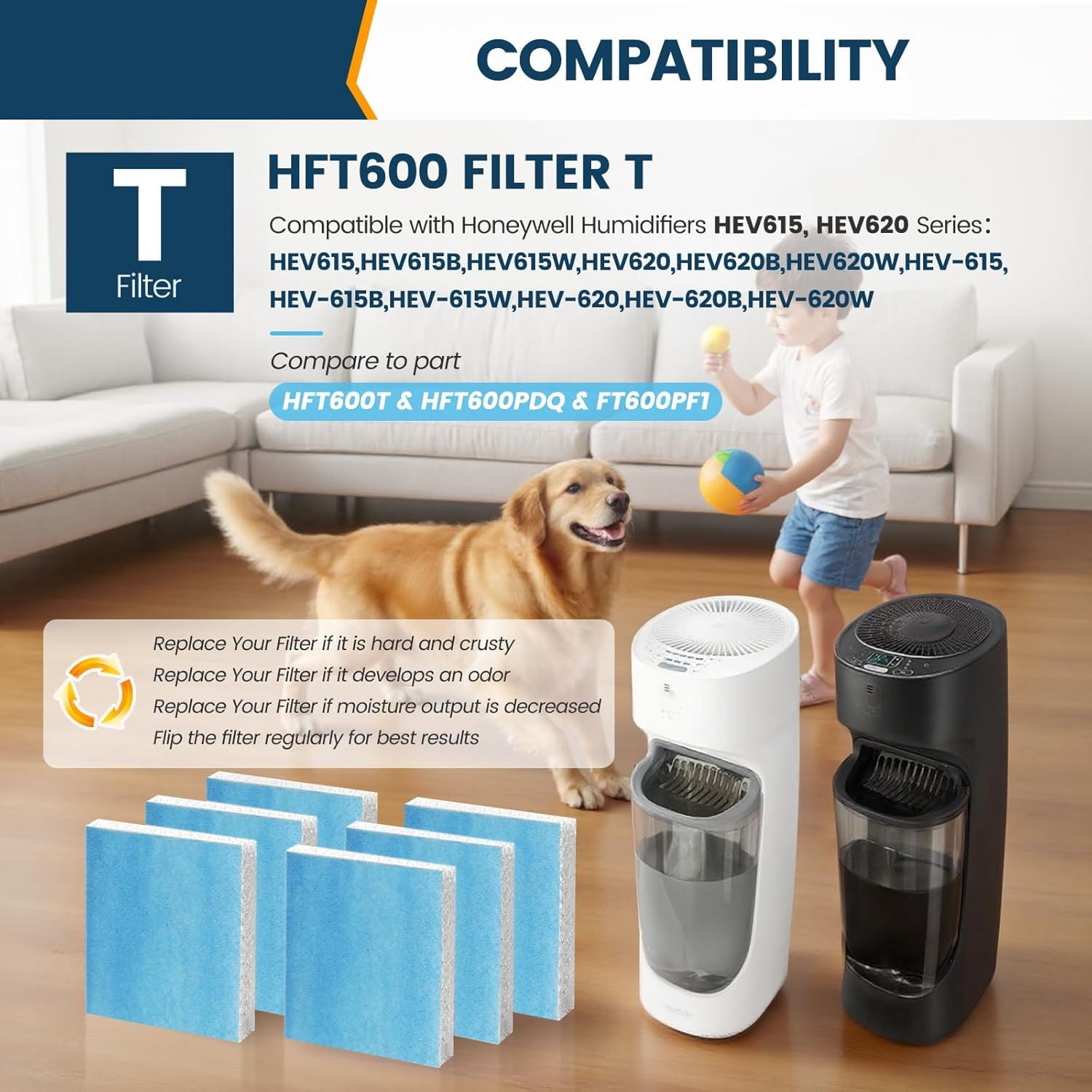 Anbaboys 4 Pack Humidifier Wicking Filter T Replacement for Honeywell Top Fill Tower Humidifier HEV615 HEV620, HFT600 Filter T
