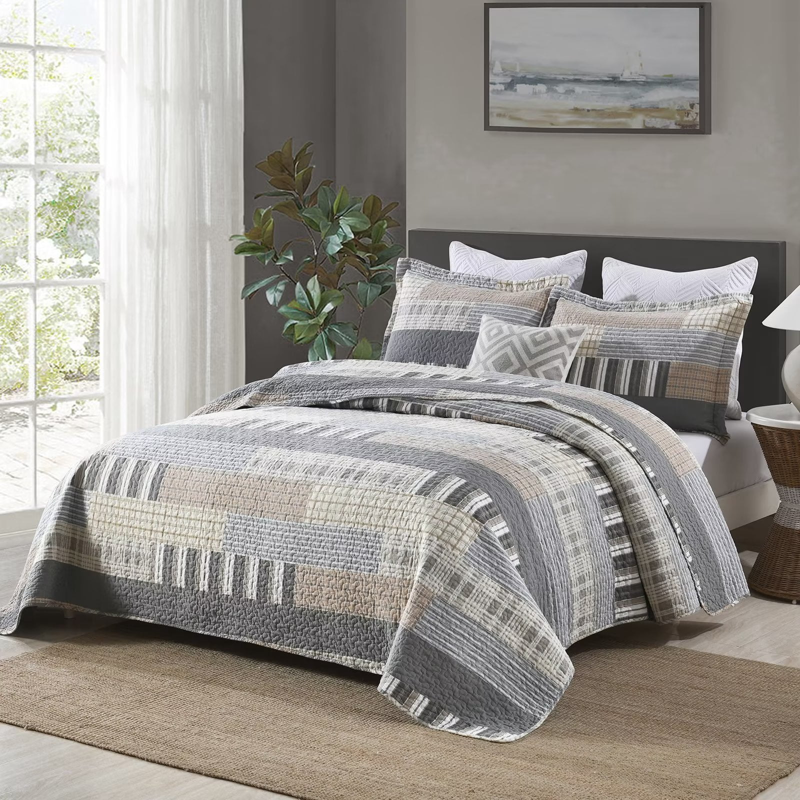 Bedduvit 100% Cotton King Size Quilt Set - Farmhouse Grey Brown Beige Quilt King Size Bedspread, Patchwork Striped Plaid Soft Lightweight Reversible Coverlet Bedding Set with 2 Shams for All Season