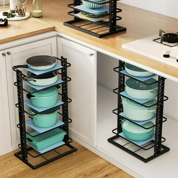 6-Tier Heavy Duty Pan Pot Organizer for Under Cabinet, Adjustable Storage Rack Holds 66 lbs