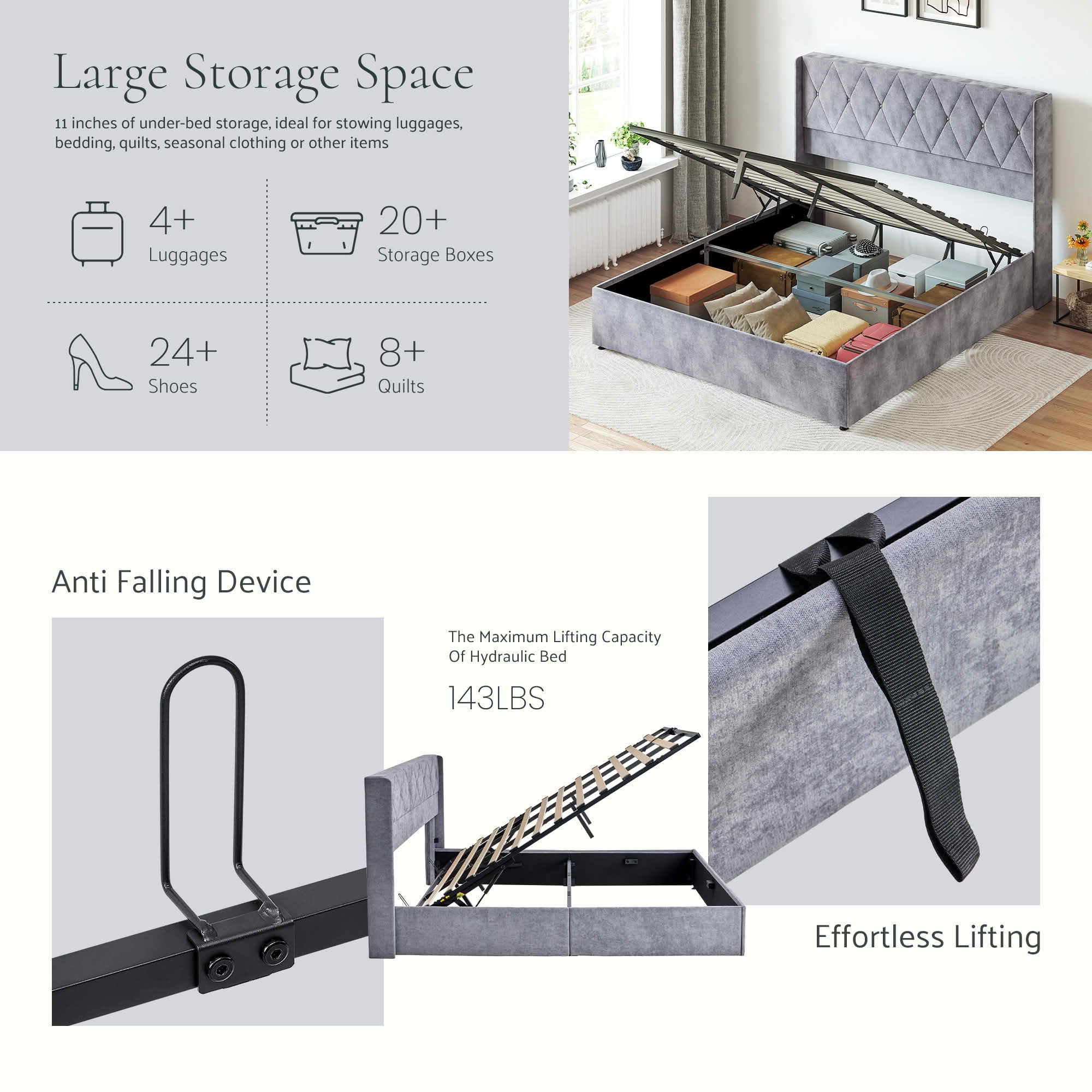 MAYEERTY Full Size Hydraulic Lifting Storage Bed Soft Padded Platform Bed Frame Headboard with Backrest