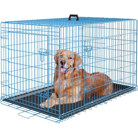 GJWL Large Dog Crate Kennel for Medium Large Dogs Metal Dog Cage Double-Door Folding Travel Indoor Outdoor Puppy Playpen with Divider and Handle Plastic Tray (42 Inch, Blue)