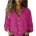 thumbnail image 3 of Dazajoo Cotton and Linen Shirts Women Summer Solid Color Long Sleeve Tops with Pockets 2025 Lightweight Casual Button Down Lapel Blouses,Hot Pink,M, 3 of 7