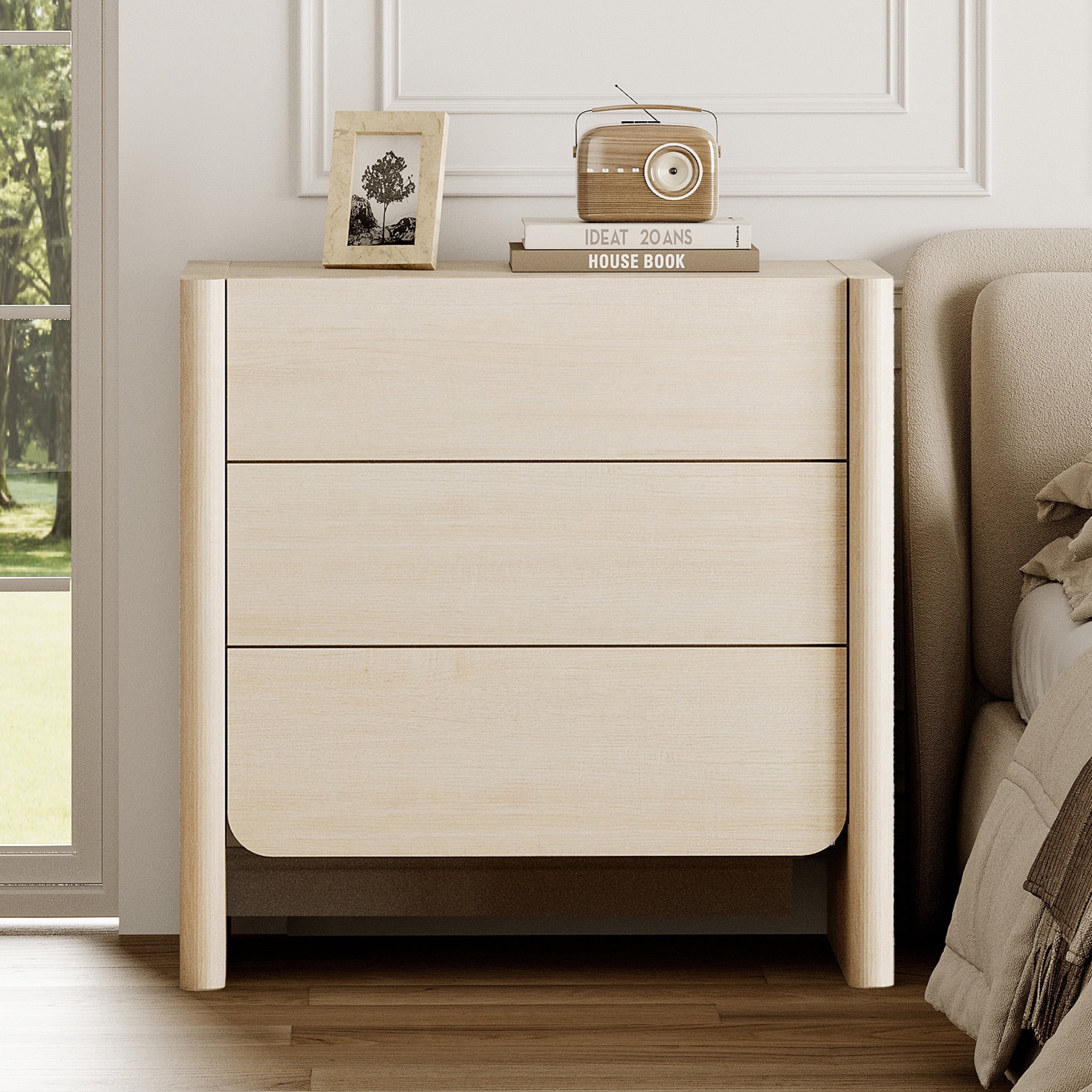 Modern French TV Stand, 31.5-Inch Media Console with 3 Push-to-Open Drawers, Supports TVs up to 36 Inches, Beige