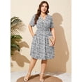 thumbnail image 4 of SHOWMALL Women's Plus Size Casual Summer Dress with Pockets, Crossover V Neck Beach Party Dress, Grey Sakura 5X Soft Breathable High Waist Sun Dress, 4 of 7