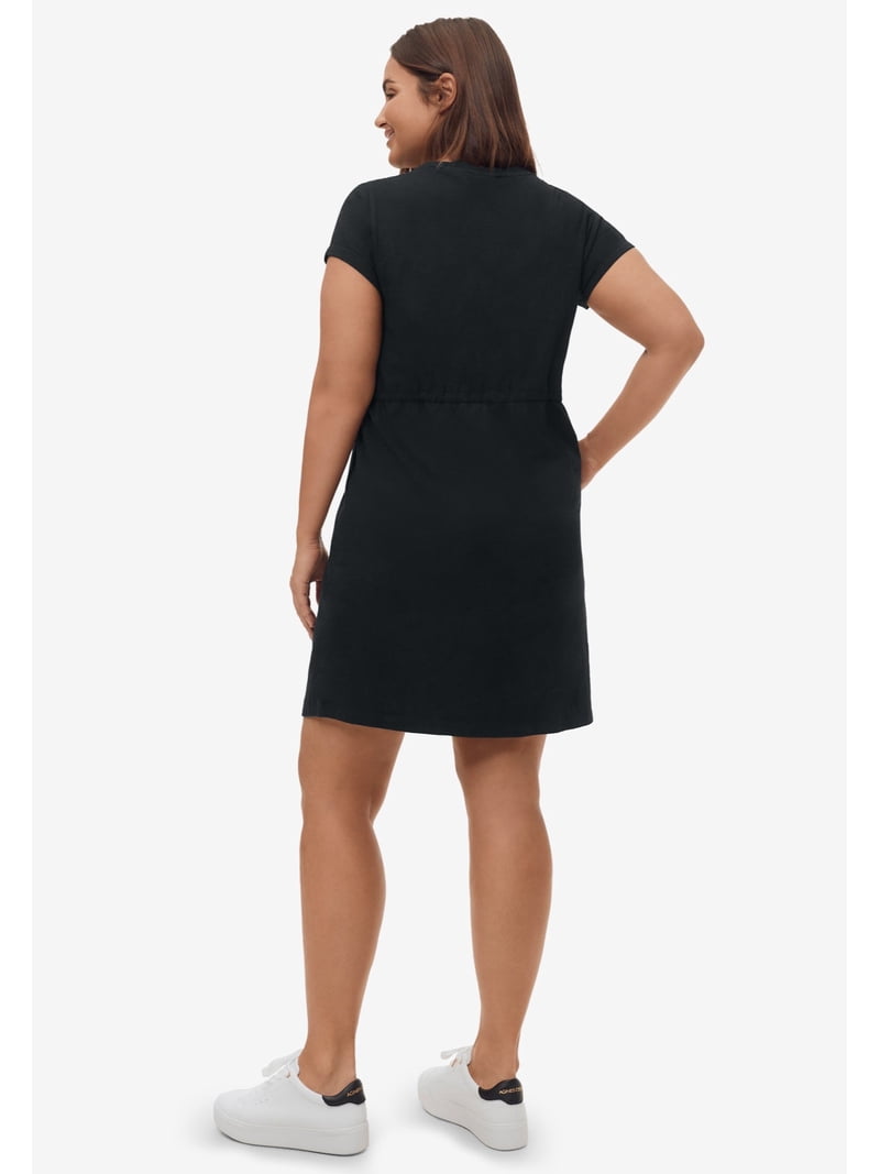 cocktail dresses size 26 28 Plus Size Women's 100% Cotton Cinched-Waist Drawstring Midi Dress by ellos in Black (Size 26/28)