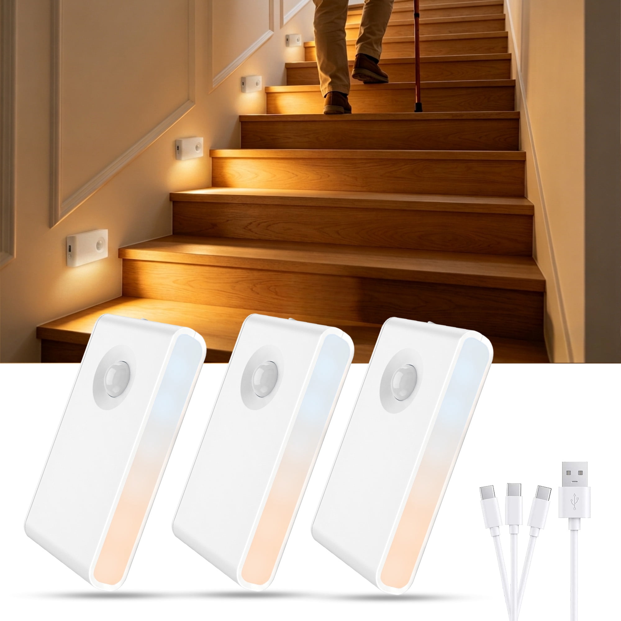 GUPUP Rechargeable Motion Sensor Stair Lights Indoor, 3 Color Modes & Dimmable LED Night Light, Wireless Stick on Light for Hallway Garage, 3 Pack
