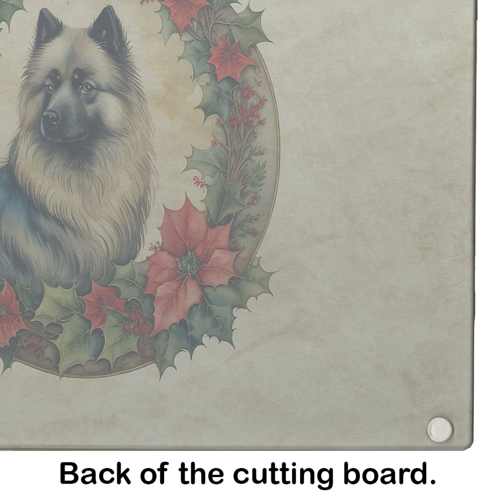 Keeshond Christmas Flowers Glass Cutting Board 12 in x 15 in