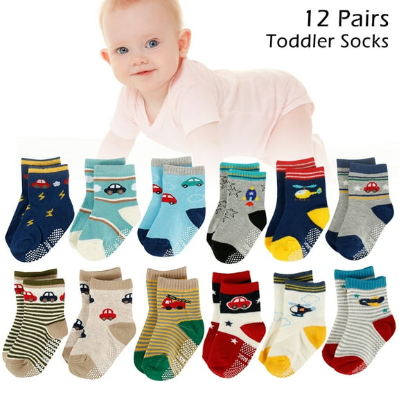 HOTBEST 12 Pairs Baby Anti-Skid Socks Toddler Boy Cute Cotton Ankle Socks with Grips Multicoloured 0-5 Years