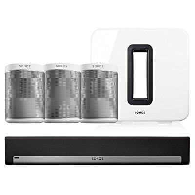 Sonos PLAY:1 Wireless Speakers - Set of 3 w/ PLAYBAR Wireless Soundbar & (Best Soundbar Without Sub)
