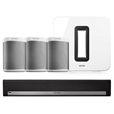 Sonos PLAY:1 Wireless Speakers - Set of 3 w/ PLAYBAR Wireless Soundbar & (Best Soundbar With Wireless Sub)