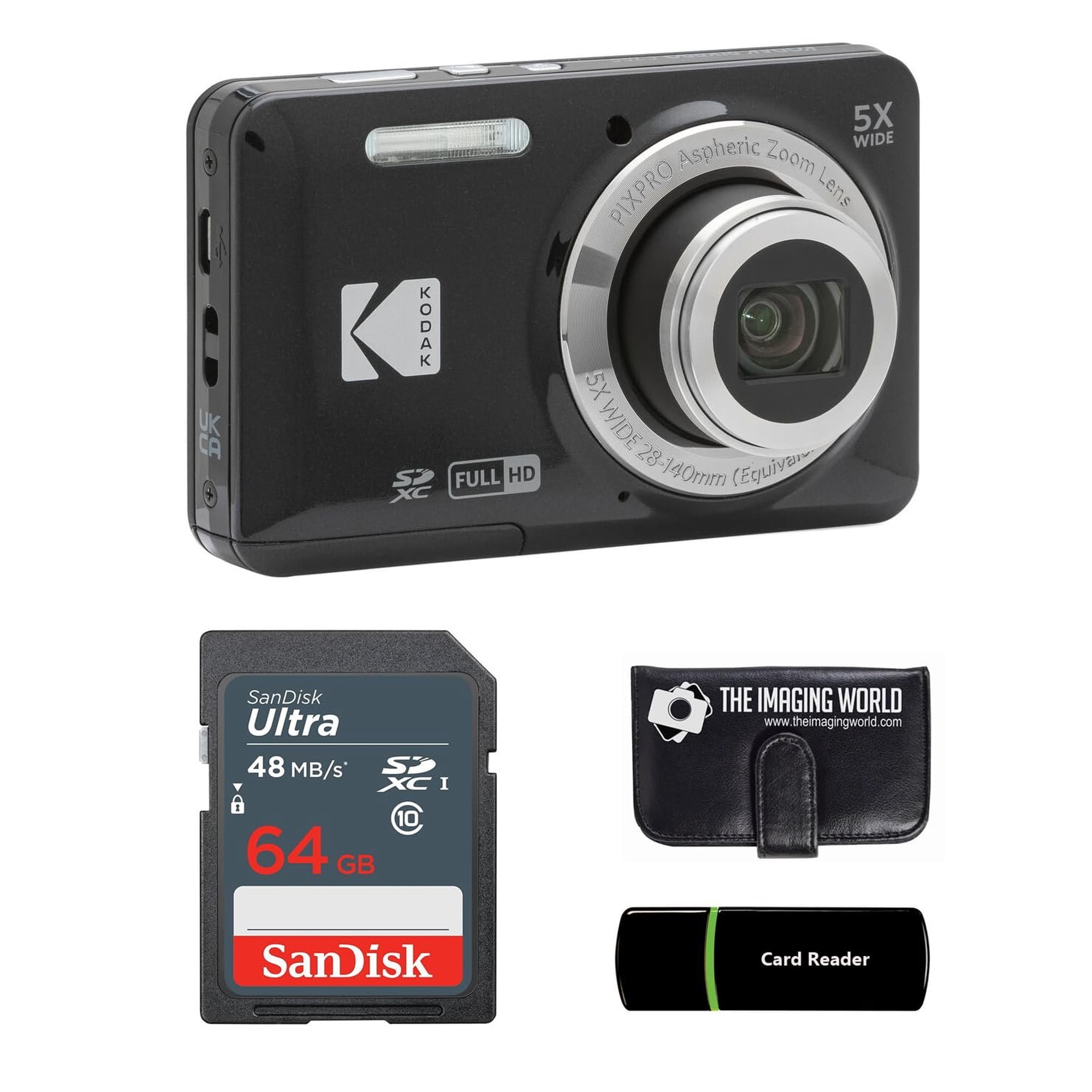 Kodak PIXPRO FZ55 Black 16MP Digital Camera 5X Optical Zoom 28mm Wide Angle 1080P Full HD Video 2.7" LCD Camera + 64GB Card and Reader + Memory Wallet