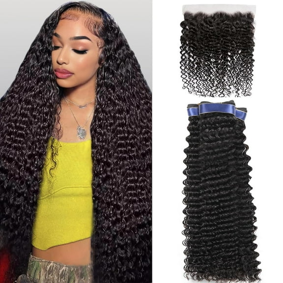 Human Hair Bundles with Frontal Closure (16 18 20+14, Free Part) Deep Wave 3 Bundles with 13x4 HD Lace Frontal 100% Brazilian Raw Hair Curly Bundle Human Hair Water Wave Bundle Natural Black