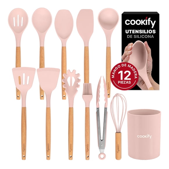Juego de Utensilios de Cocina Silicona y Madera Accesorios para Cocinar, 12 pzas (Rosa)