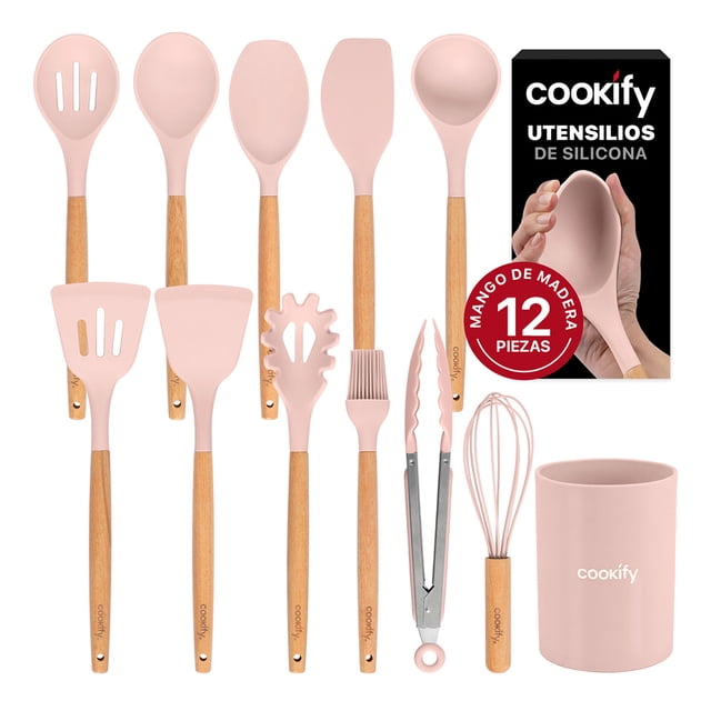 Juego de Utensilios de Cocina Silicona y Madera Accesorios para Cocinar, 12 pzas (Rosa)