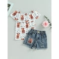 thumbnail image 2 of Suealasg Little Girl 3 Piece Western Outfits Short Sleeve Cow Print Tops + Elastic Ripped Denim Shorts Kids Girls Casual Summer Country Clothes Set, 2 of 9