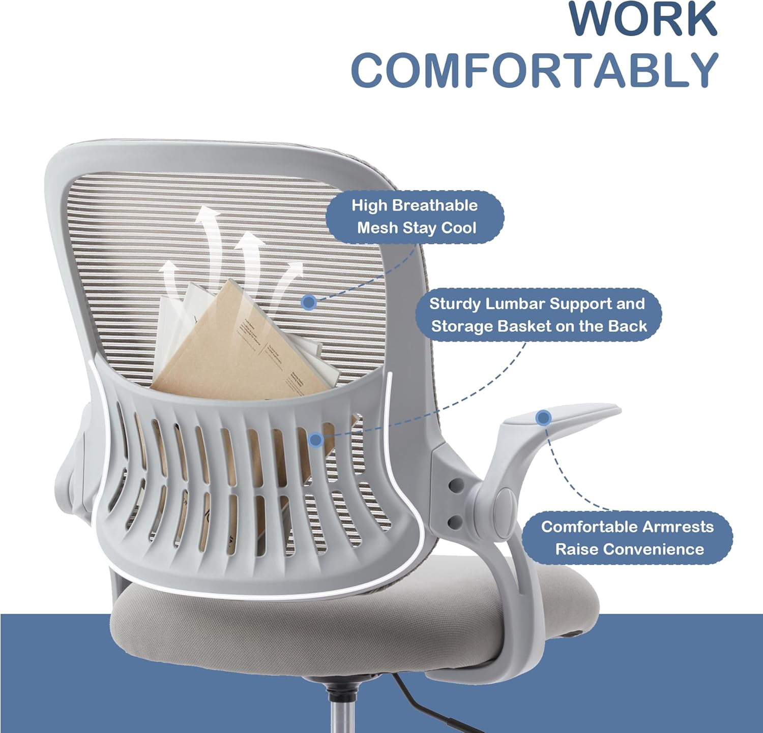 Ergonomic High-Back Mesh Office Chair - Breathable Waist and Back Support Computer Chair with Adjustable Armrests, Height Adjustment, and 360° Swivel Base(Gray)