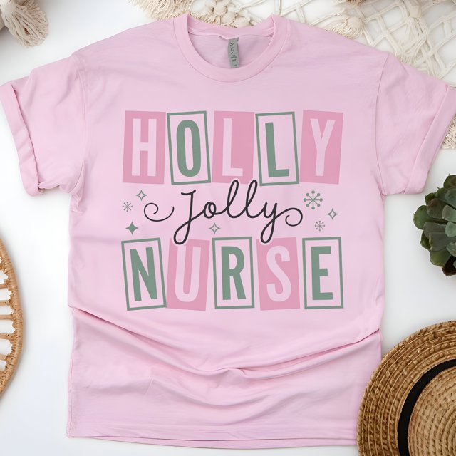 Holly Jolly Nurse Graphic T-Shirt with Fun Letter Design, Light Pink, Size M
