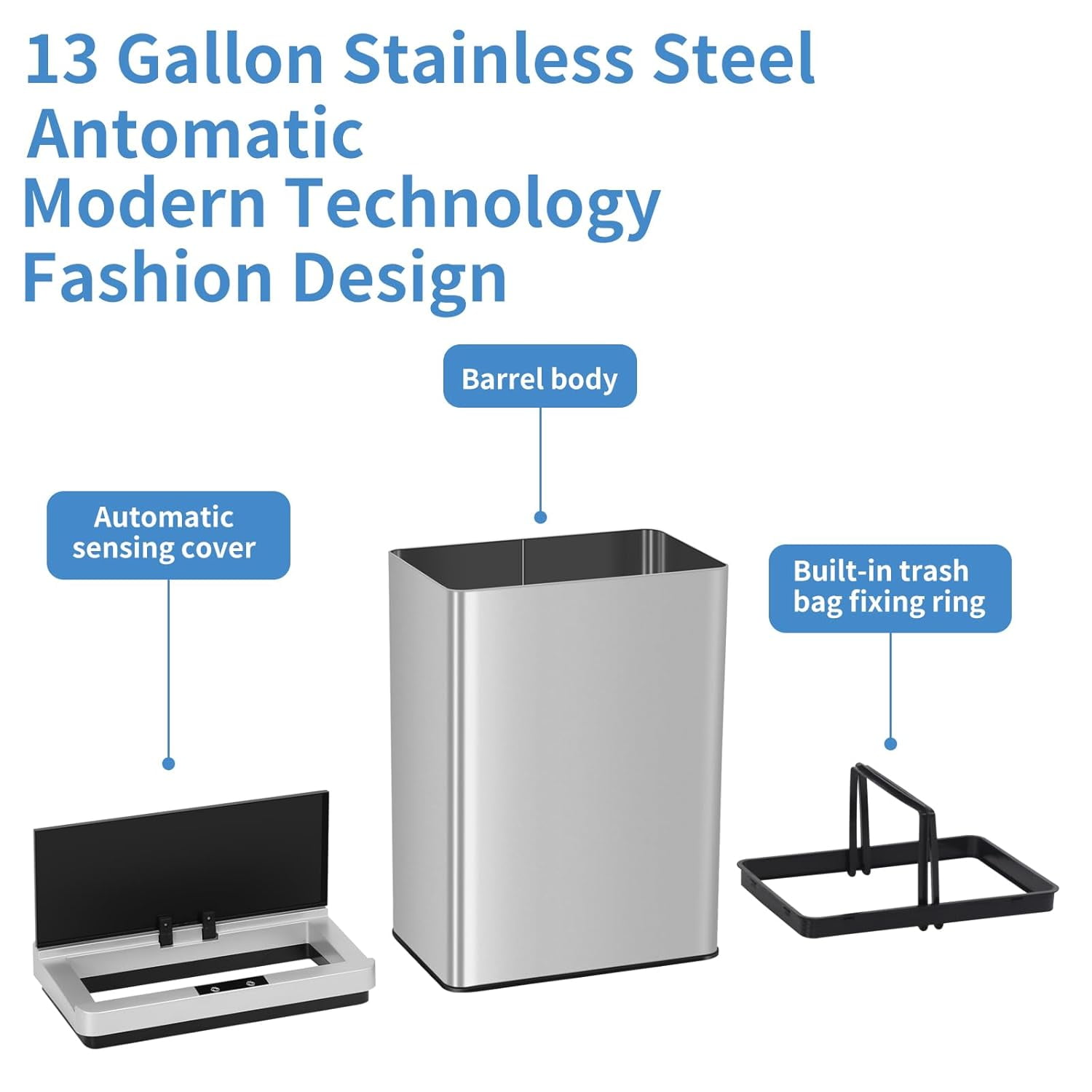 Dkelincs 13 Gallon Stainless Steel Kitchen Trash Can Automatic Touch Free Garbage Can with Lid, Silver