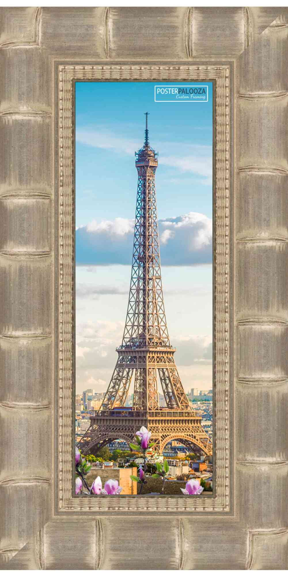 14x40 Silver Wide Bamboo Picture Frame - UV Acrylic, Foam Board Backing, Hanging Hardware