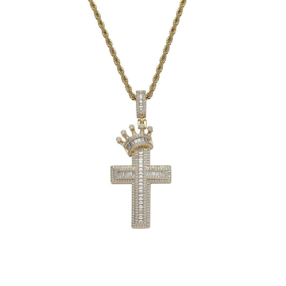 Sparkling Crown Cross Pendant for Men and Women 5A Zircon 14K Yellow Gold Material Non Fading Necklace Fashion Rock Hip Hop Jewelry F719