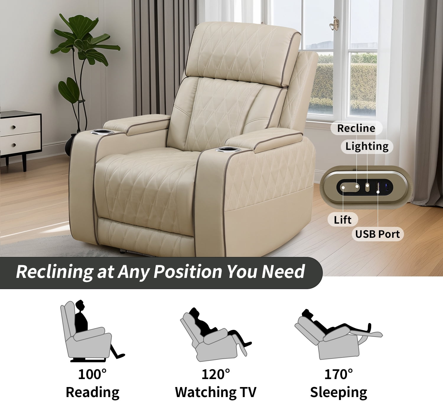 Recliner Sofa Sectional Couches with LED Light for Living Room,Leather Reclining Corner Sectional Sofa with 3 Recliner Seats,Cup Holder,Storage Console for House/Home Theater, Beige