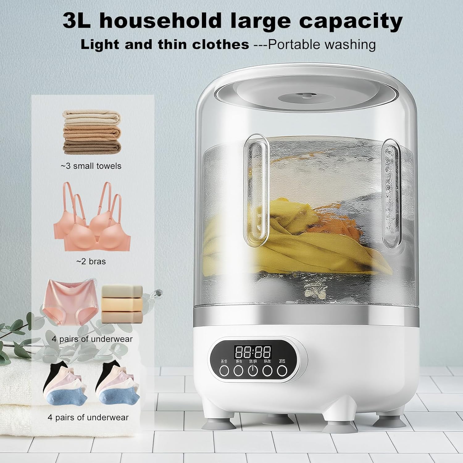 3-in-1 Portable Washing Machine, 3L Cordless Underwear Washing Machine with Spin Basket, 3 Modes 3000mAh Laundry Machine for Apartment, Dorm, RV, Hotel Use,White