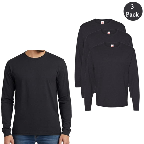 Hanes Essential-T Long Sleeve T-Shirt, Men's Tape Neck Classic Fit Charcoal Heather Tee, 3-Pack, S