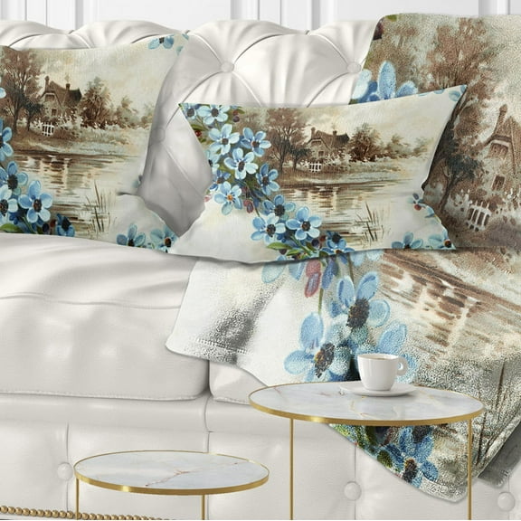 Designart Blue Flowers Illustration - Floral Throw Pillow - 12x20