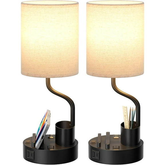 Bedside Table Lamps for Bedroom Set of 2 - Nightstand Light with AC Outlet and USB A & C for Charging, 3 Color Temperatures, Study Desk Lamp with Pen Holder & Phone Stand for Living Room/Dorm/Office