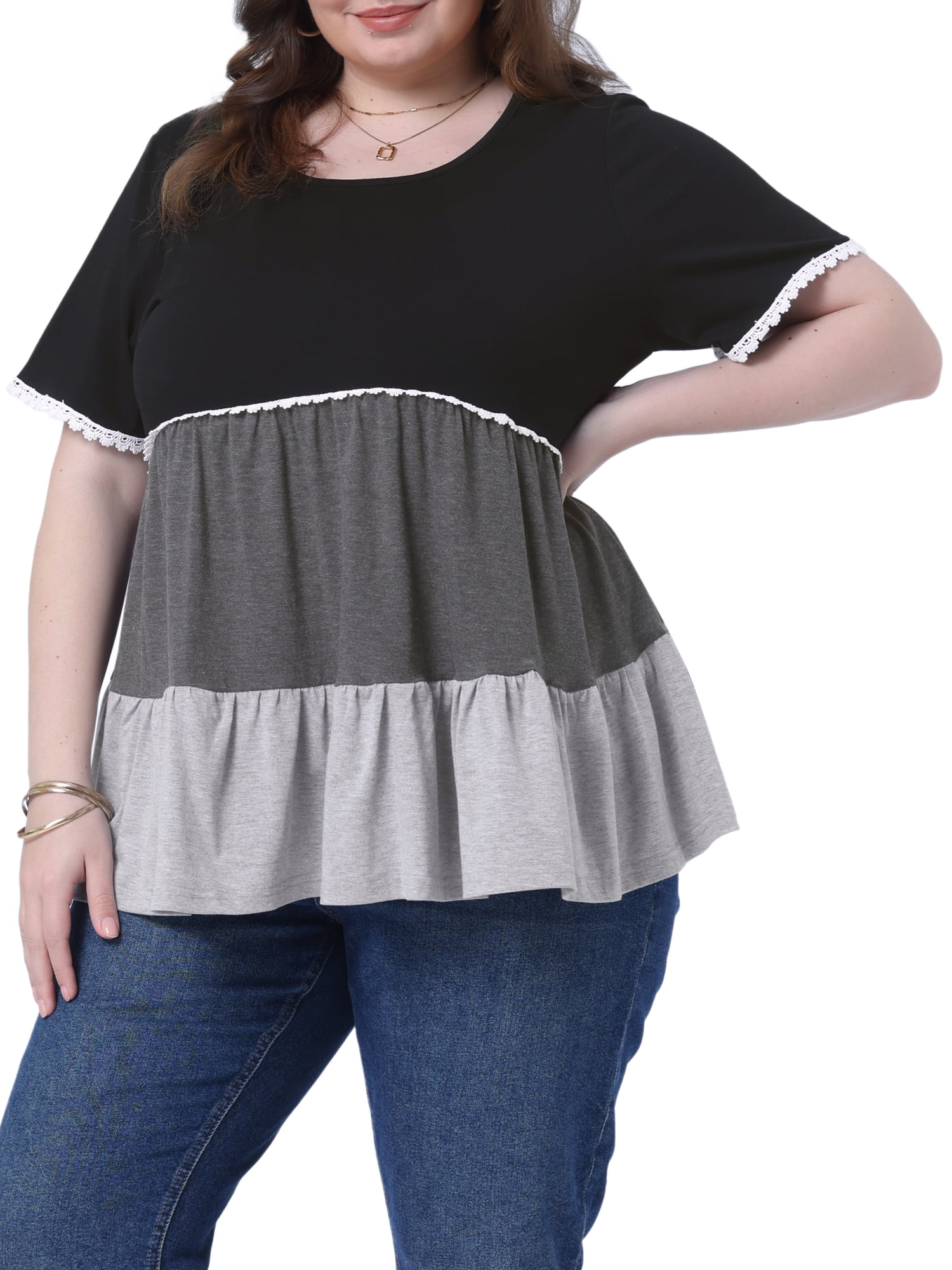 DARING DIVA Women's Plus Babydoll Ruffle Short Sleeve Casual Blouse 1X Black