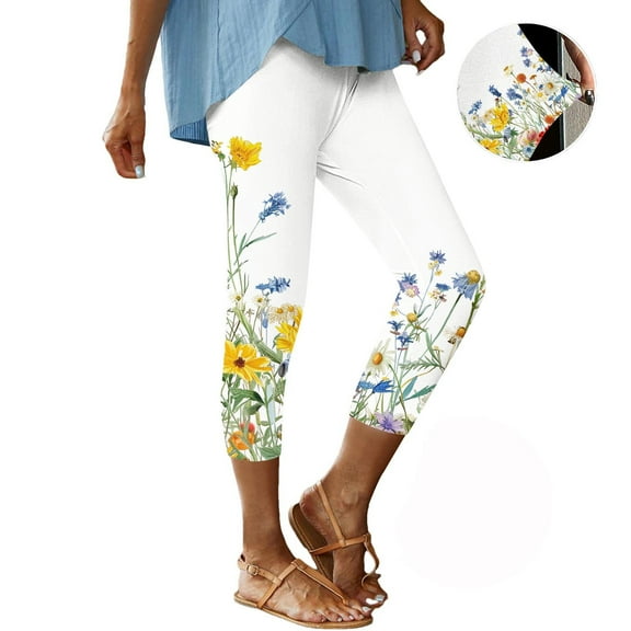 Aboser Womens Slim Fitted Capri Leggings Stretch Comfy Dailywear Tummy Control Yoga Pants Casual Floral Print Workout Leggings for Women