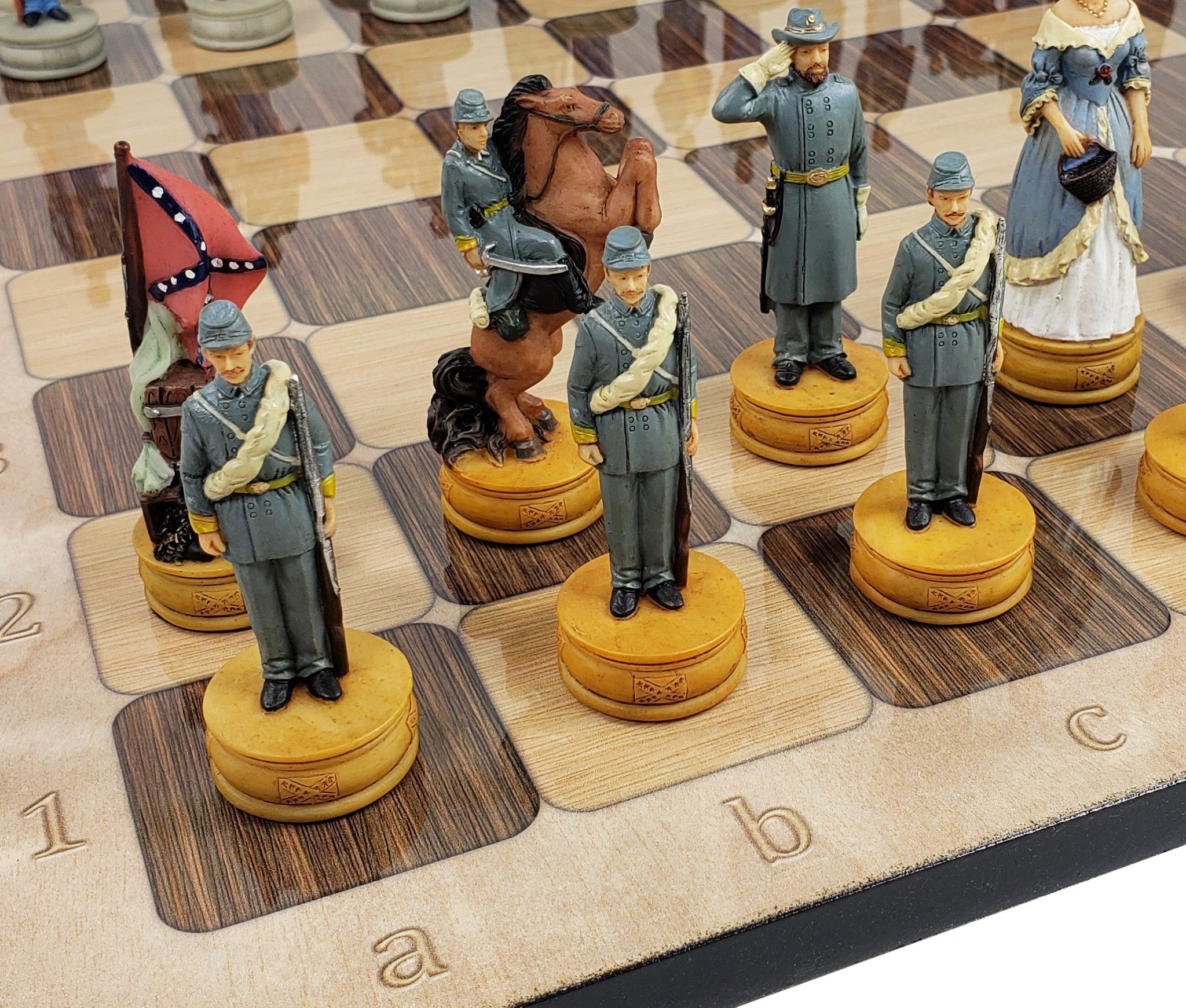 US AMERICAN CIVIL WAR Generals Painted Chess Set 17" Cherry Color STORAGE BOARD 