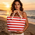 thumbnail image 2 of Hvmvliv Women Striped Canvas Beach Bag,Large Capacity Casual Tote Handbag and Shoulder Bag,Reusable Beach Purse for Beach,Travel,Shopping,Size 13.8X13in Red, 2 of 8