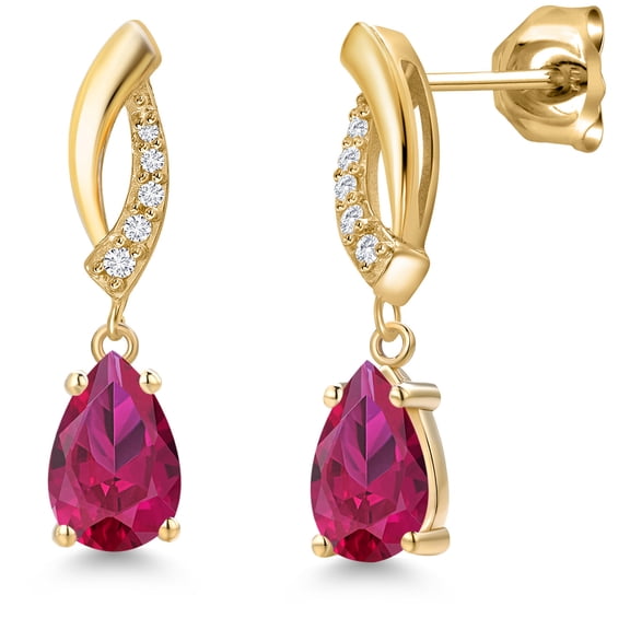 Gem Stone King 10K Yellow Gold Red Created Ruby and Lab Grown Diamond Stud Dangle Earrings for Women | 2.15 Cttw | Gemstone July Birthstone | Pear Shape 8X5MM