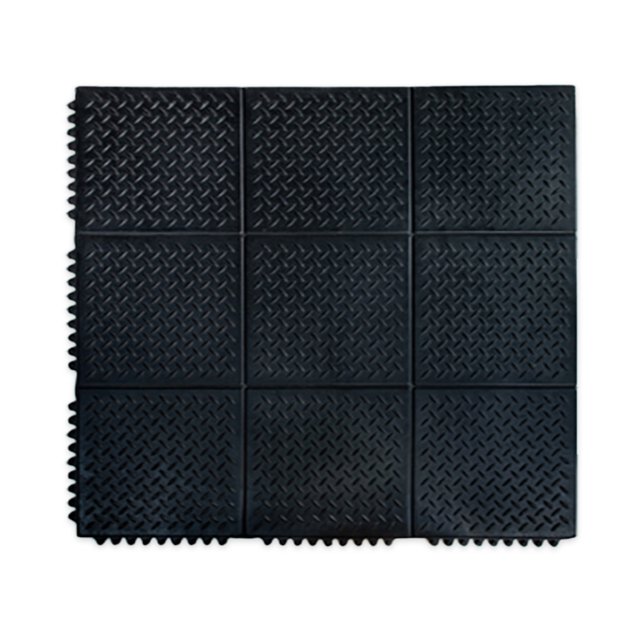 tapete antifatiga nuvow de caucho 90x90 cm – mod. sólida aluminio, negro, loseta 91 x 91 cm vista cenital 3x3 módulos, superficie texturizada en rombos, espesor 13 mm, orillas interconectables dentadas y compuesto de caucho natural; ideal para cocinas y áreas de trabajo; a menudo usado como base antifatiga en estaciones de pie.